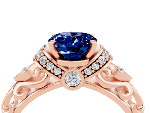 Rose gold Oval Cut Blue Sapphire Solitaire Ring with Filigree Band and Four-Prong Setting_28