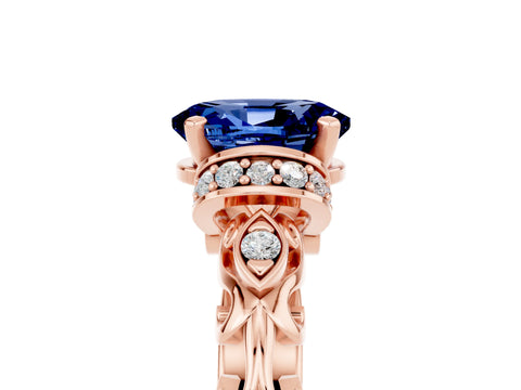 Rose gold Oval Cut Blue Sapphire Solitaire Ring with Filigree Band and Four-Prong Setting_29