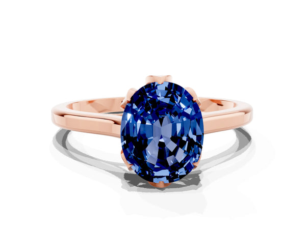 Rose gold Oval Cut Blue Sapphire Solitaire Ring with Flower Prong Setting and Classic Band