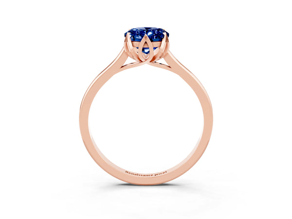 Rose gold Oval Cut Blue Sapphire Solitaire Ring with Flower Prong Setting and Classic Band