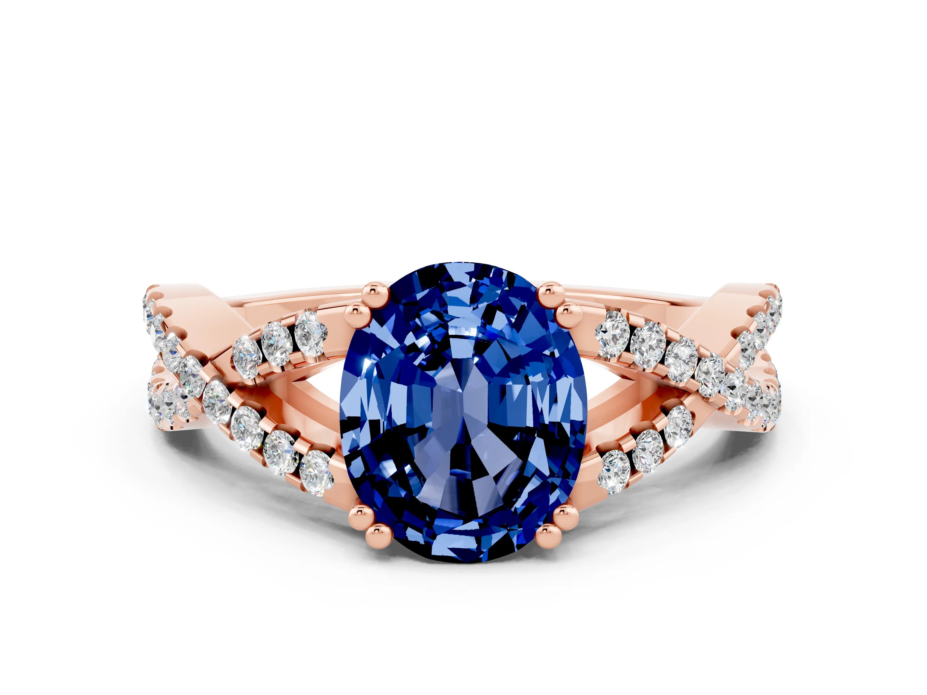 Rose gold Oval Cut Blue Sapphire Solitaire Ring with Four-Prong Setting and Twisted Pavé Band