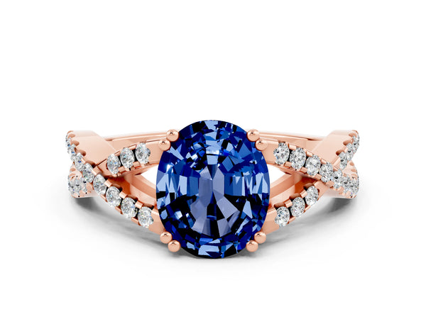 Rose gold Oval Cut Blue Sapphire Solitaire Ring with Four-Prong Setting and Twisted Pavé Band