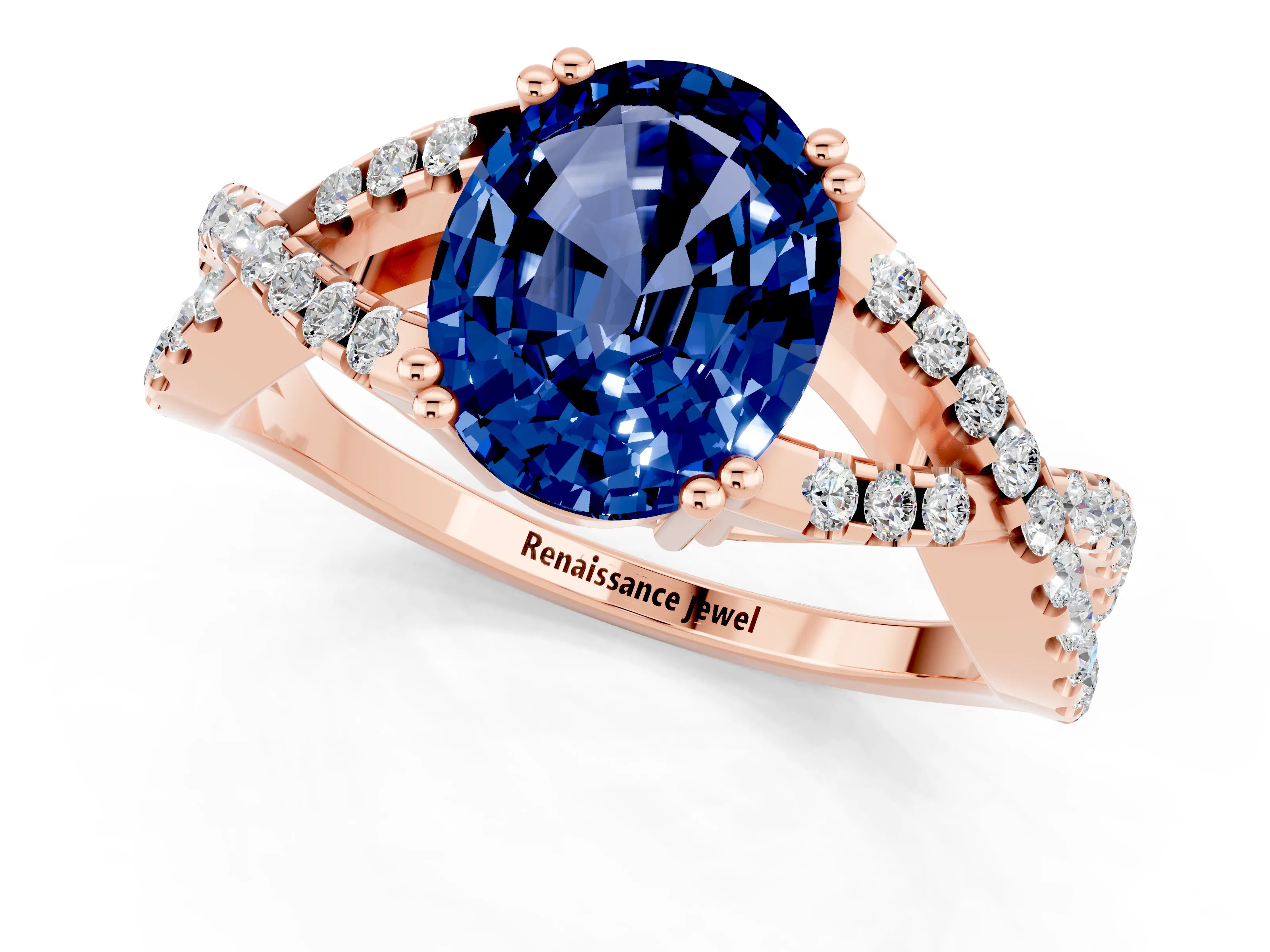 Rose gold Oval Cut Blue Sapphire Solitaire Ring with Four-Prong Setting and Twisted Pavé Band_1