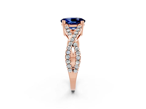Rose gold Oval Cut Blue Sapphire Solitaire Ring with Four-Prong Setting and Twisted Pavé Band_2