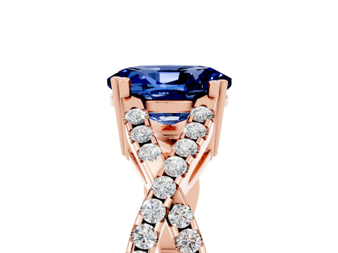 Rose gold Oval Cut Blue Sapphire Solitaire Ring with Four-Prong Setting and Twisted Pavé Band_5