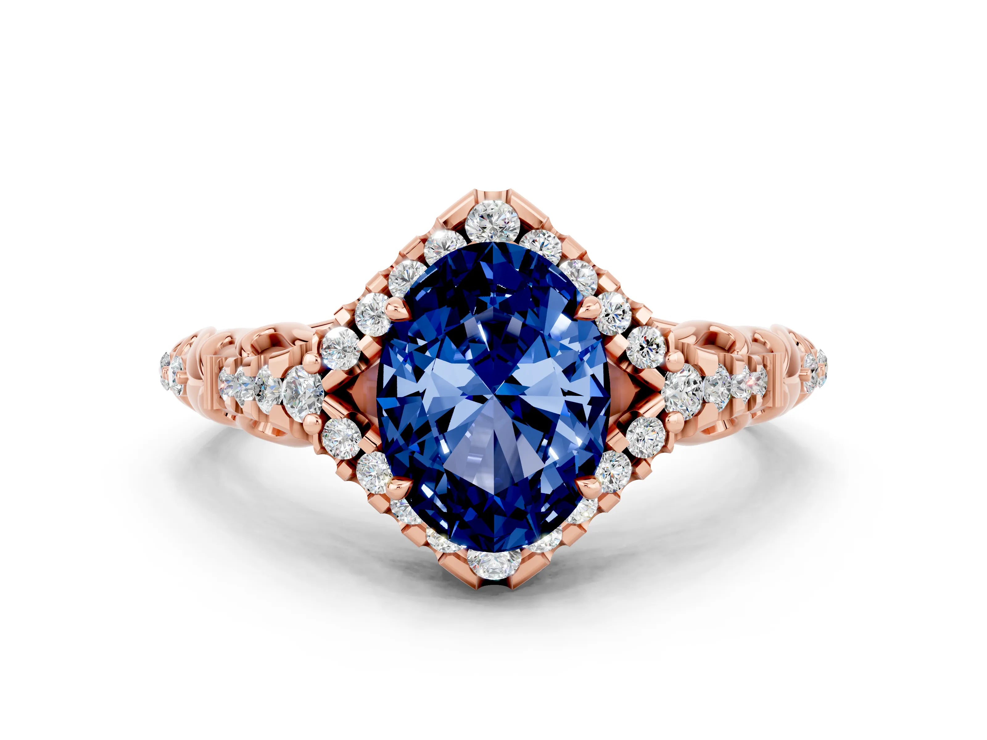 Rose gold Oval Cut Blue Sapphire Solitaire Ring with Hidden Halo and Pavé Band_12