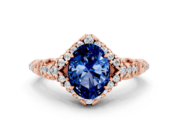 Rose gold Oval Cut Blue Sapphire Solitaire Ring with Hidden Halo and Pavé Band
