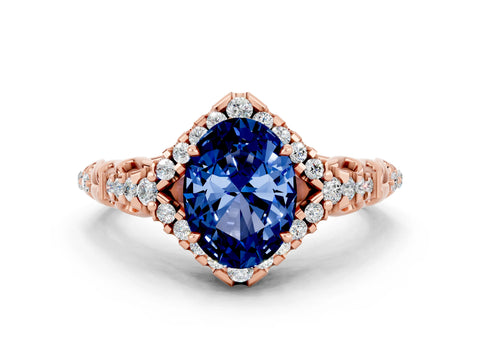 Rose gold Oval Cut Blue Sapphire Solitaire Ring with Hidden Halo and Pavé Band_12