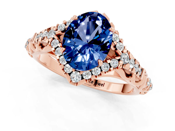 Rose gold Oval Cut Blue Sapphire Solitaire Ring with Hidden Halo and Pavé Band
