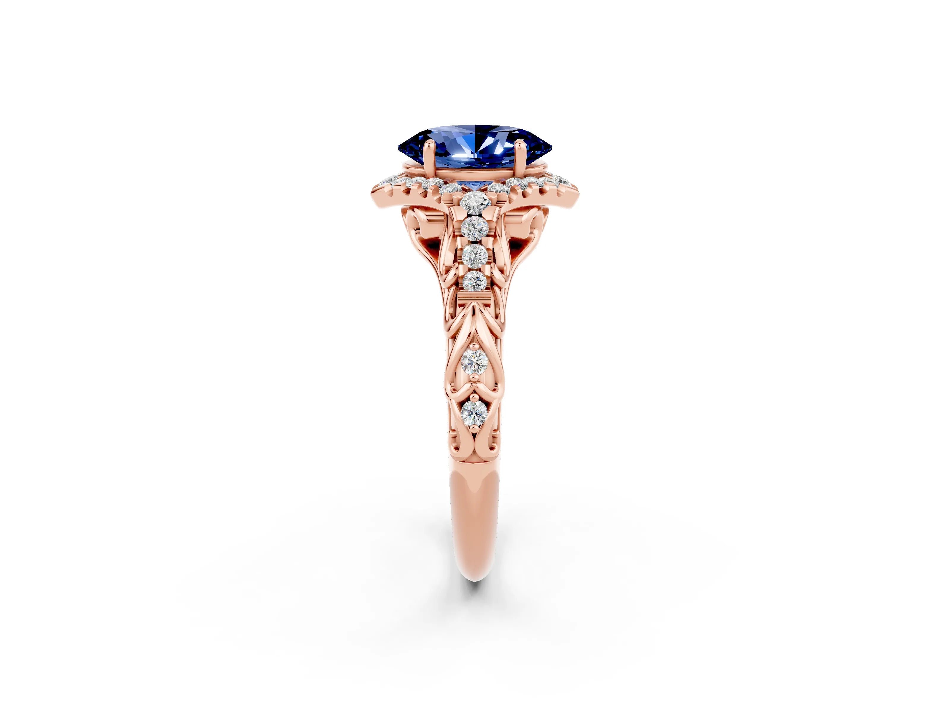 Rose gold Oval Cut Blue Sapphire Solitaire Ring with Hidden Halo and Pavé Band_14