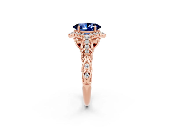 Rose gold Oval Cut Blue Sapphire Solitaire Ring with Hidden Halo and Pavé Band