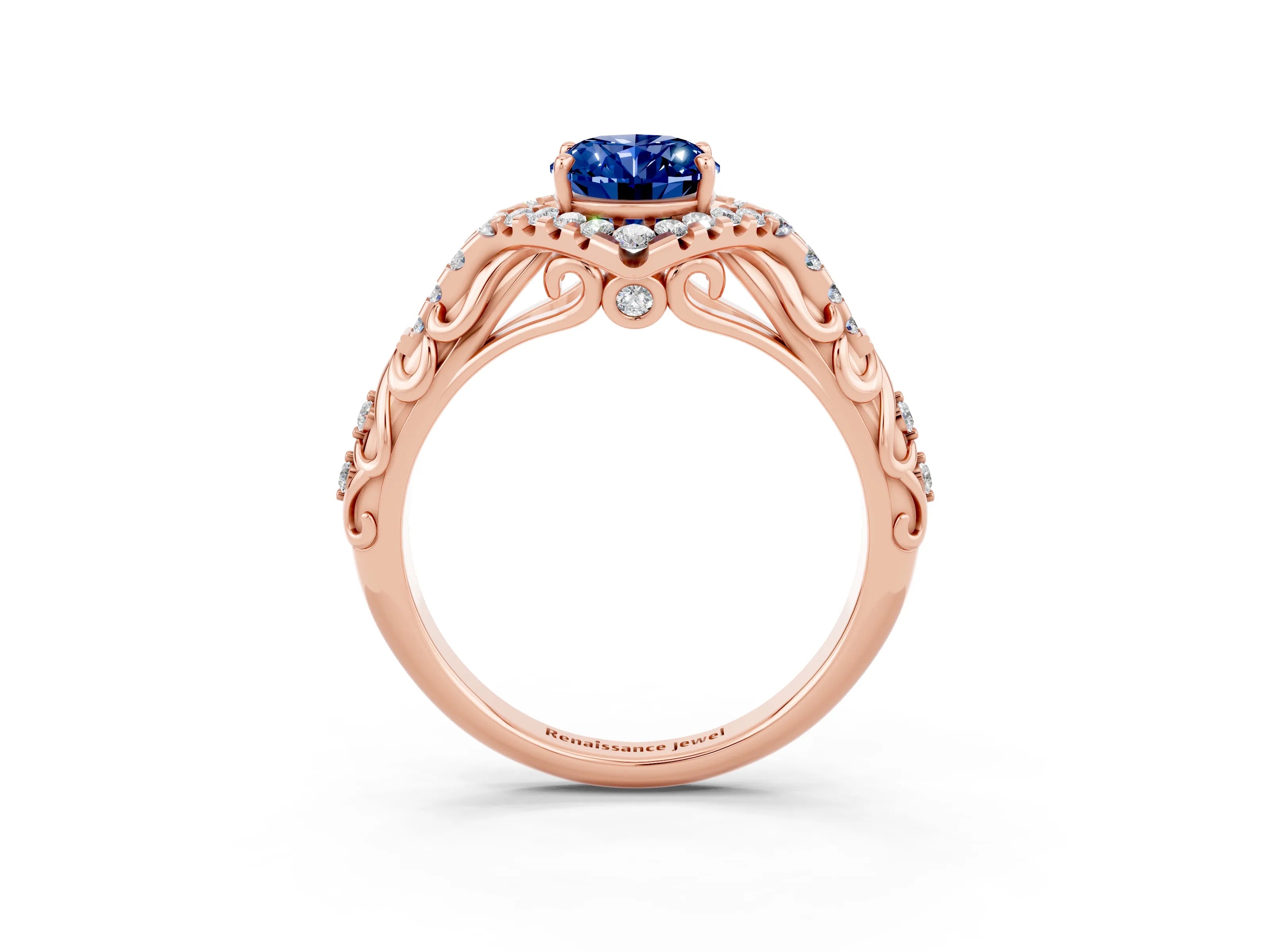 Rose gold Oval Cut Blue Sapphire Solitaire Ring with Hidden Halo and Pavé Band_15