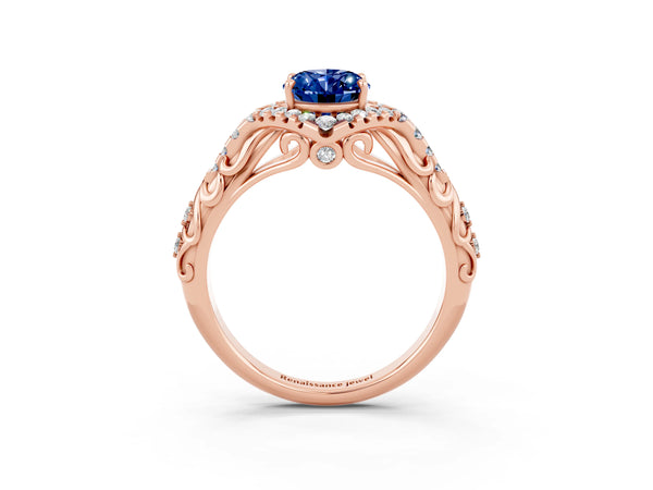 Rose gold Oval Cut Blue Sapphire Solitaire Ring with Hidden Halo and Pavé Band
