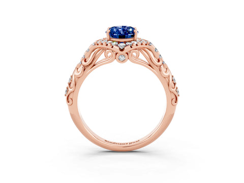 Rose gold Oval Cut Blue Sapphire Solitaire Ring with Hidden Halo and Pavé Band_15