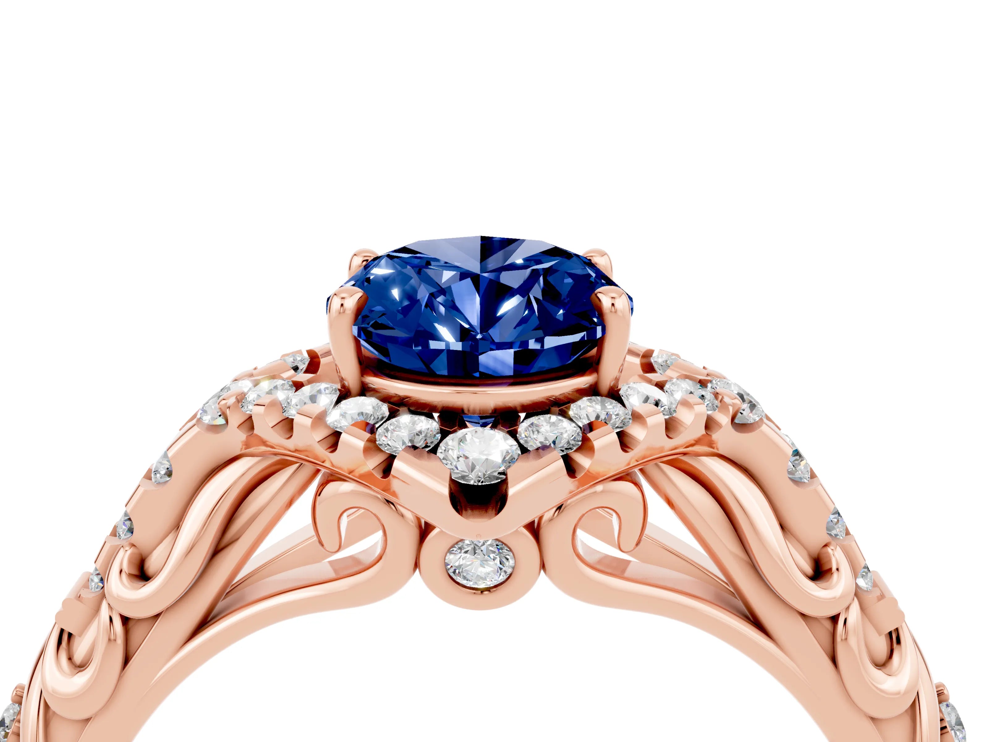 Rose gold Oval Cut Blue Sapphire Solitaire Ring with Hidden Halo and Pavé Band_16