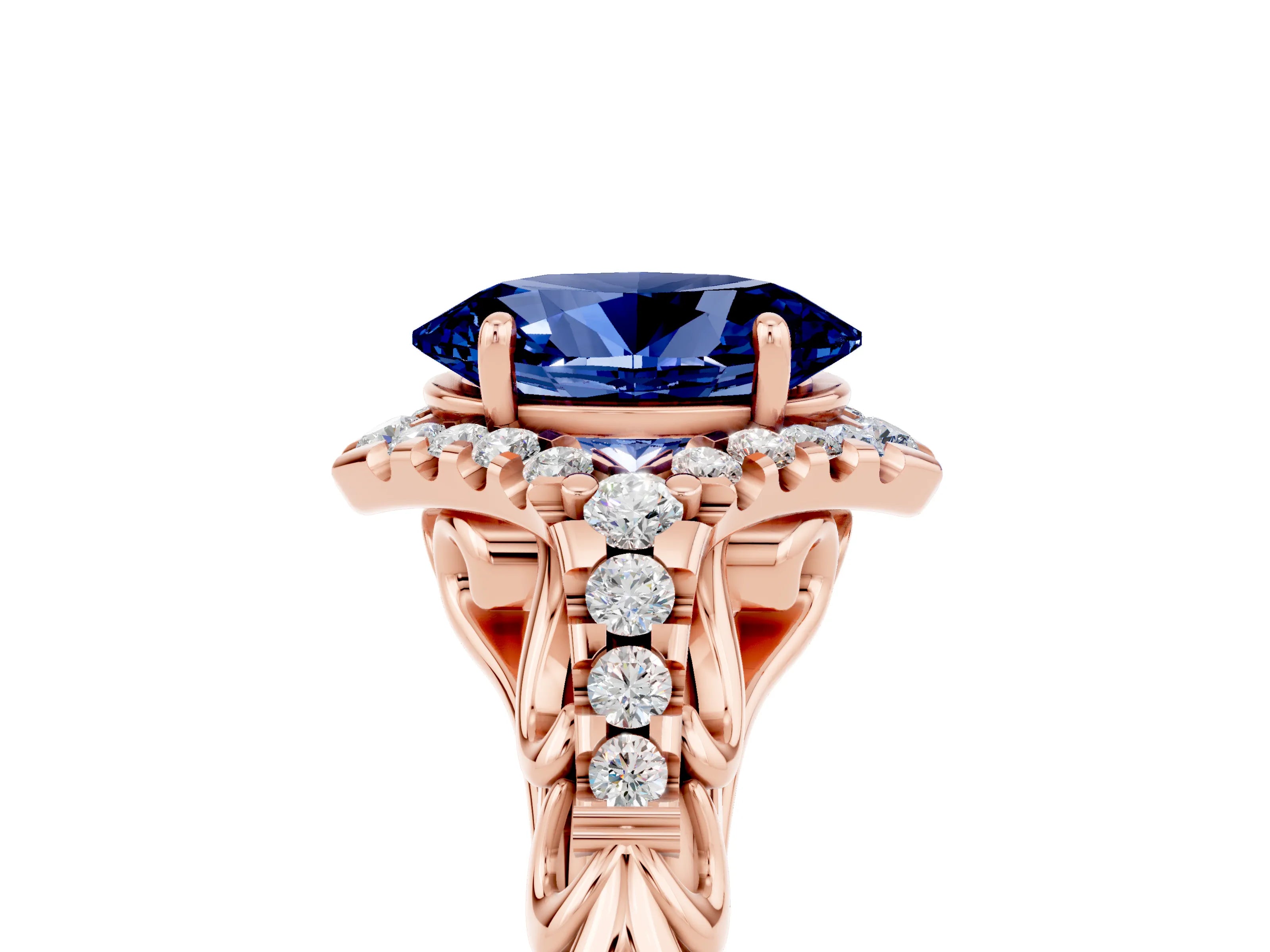 Rose gold Oval Cut Blue Sapphire Solitaire Ring with Hidden Halo and Pavé Band_17
