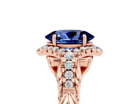 Rose gold Oval Cut Blue Sapphire Solitaire Ring with Hidden Halo and Pavé Band_17