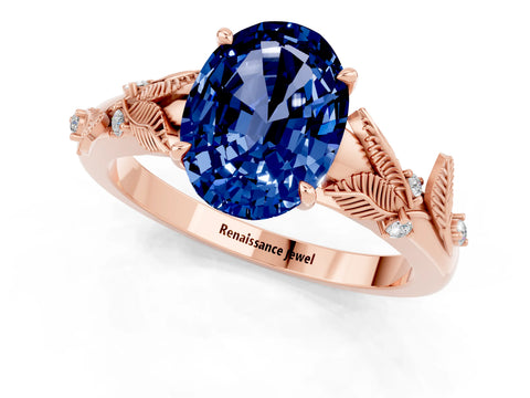 Rose gold Oval Cut Blue Sapphire Solitaire Ring with Leaf Motif Band and Four-Prong Setting_1