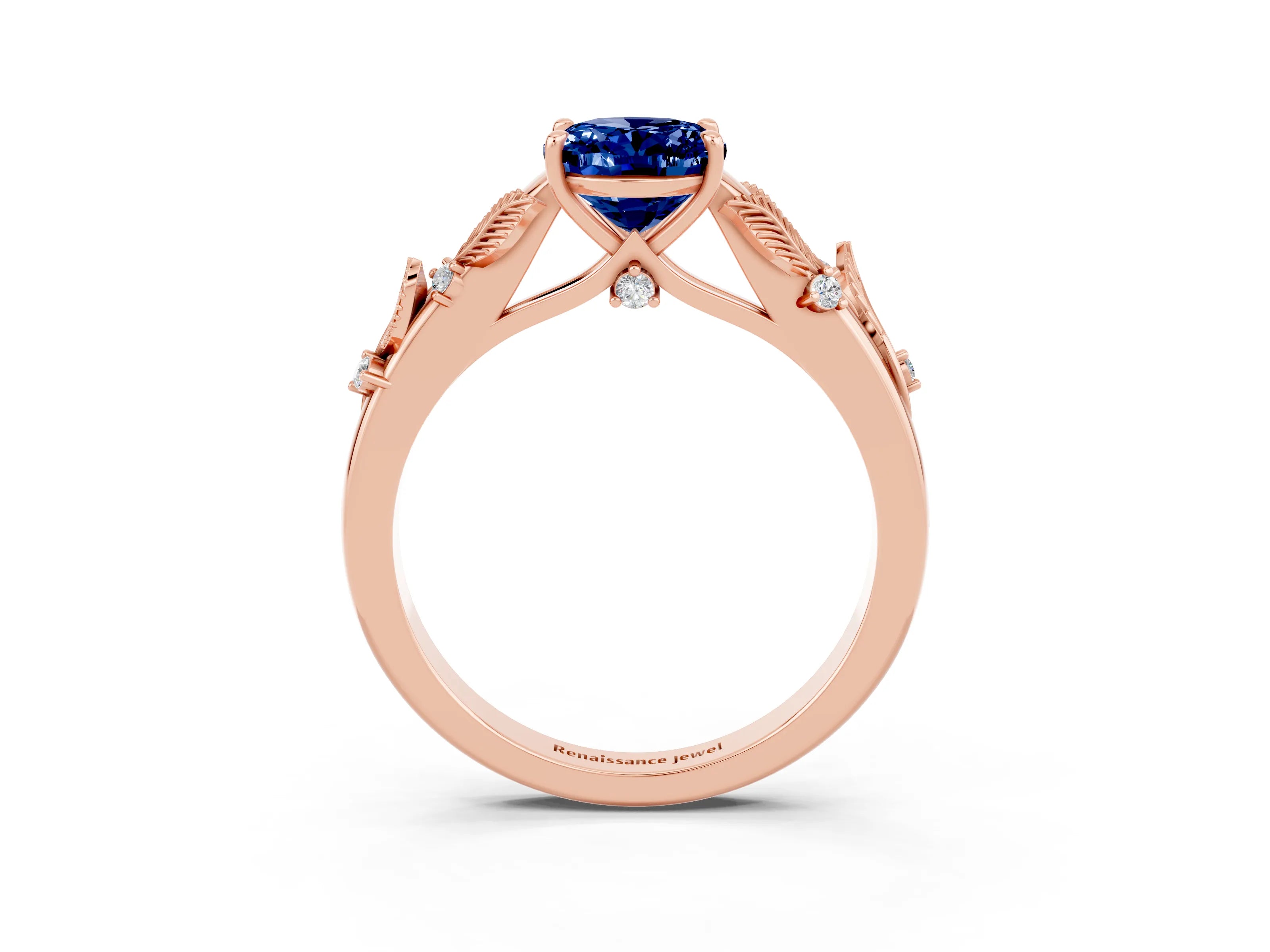Rose gold Oval Cut Blue Sapphire Solitaire Ring with Leaf Motif Band and Four-Prong Setting_3