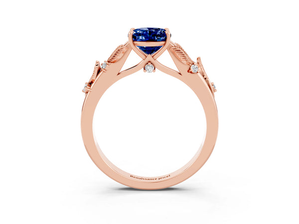 Rose gold Oval Cut Blue Sapphire Solitaire Ring with Leaf Motif Band and Four-Prong Setting