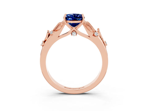Rose gold Oval Cut Blue Sapphire Solitaire Ring with Leaf Motif Band and Four-Prong Setting_3