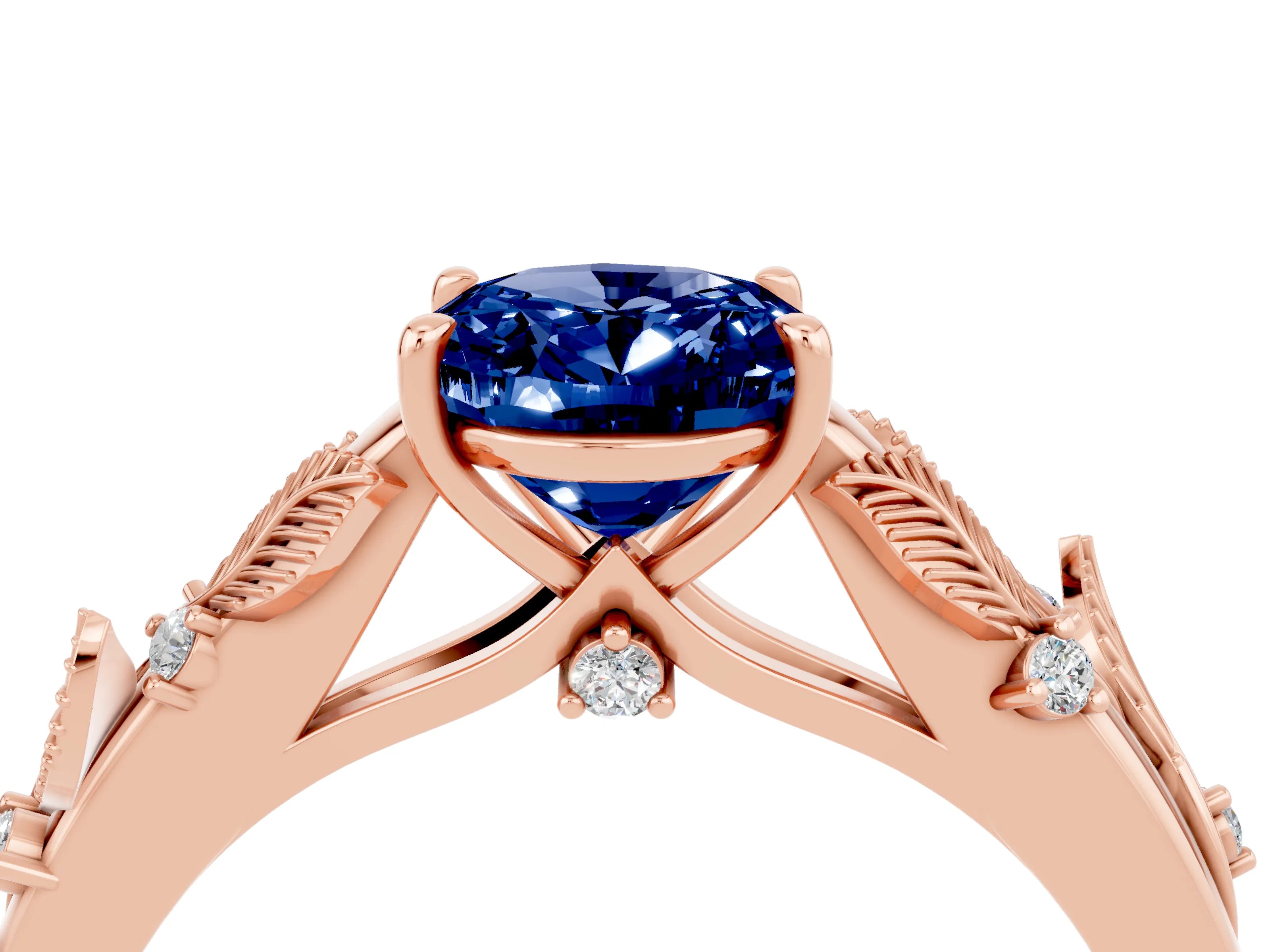 Rose gold Oval Cut Blue Sapphire Solitaire Ring with Leaf Motif Band and Four-Prong Setting_4
