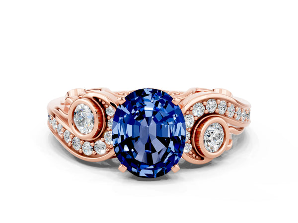 Rose gold Oval Cut Blue Sapphire Solitaire Ring with Milgrain Pavé Band and Four-Prong Setting