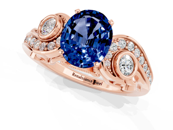 Rose gold Oval Cut Blue Sapphire Solitaire Ring with Milgrain Pavé Band and Four-Prong Setting