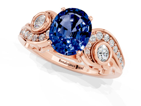 Rose gold Oval Cut Blue Sapphire Solitaire Ring with Milgrain Pavé Band and Four-Prong Setting_25