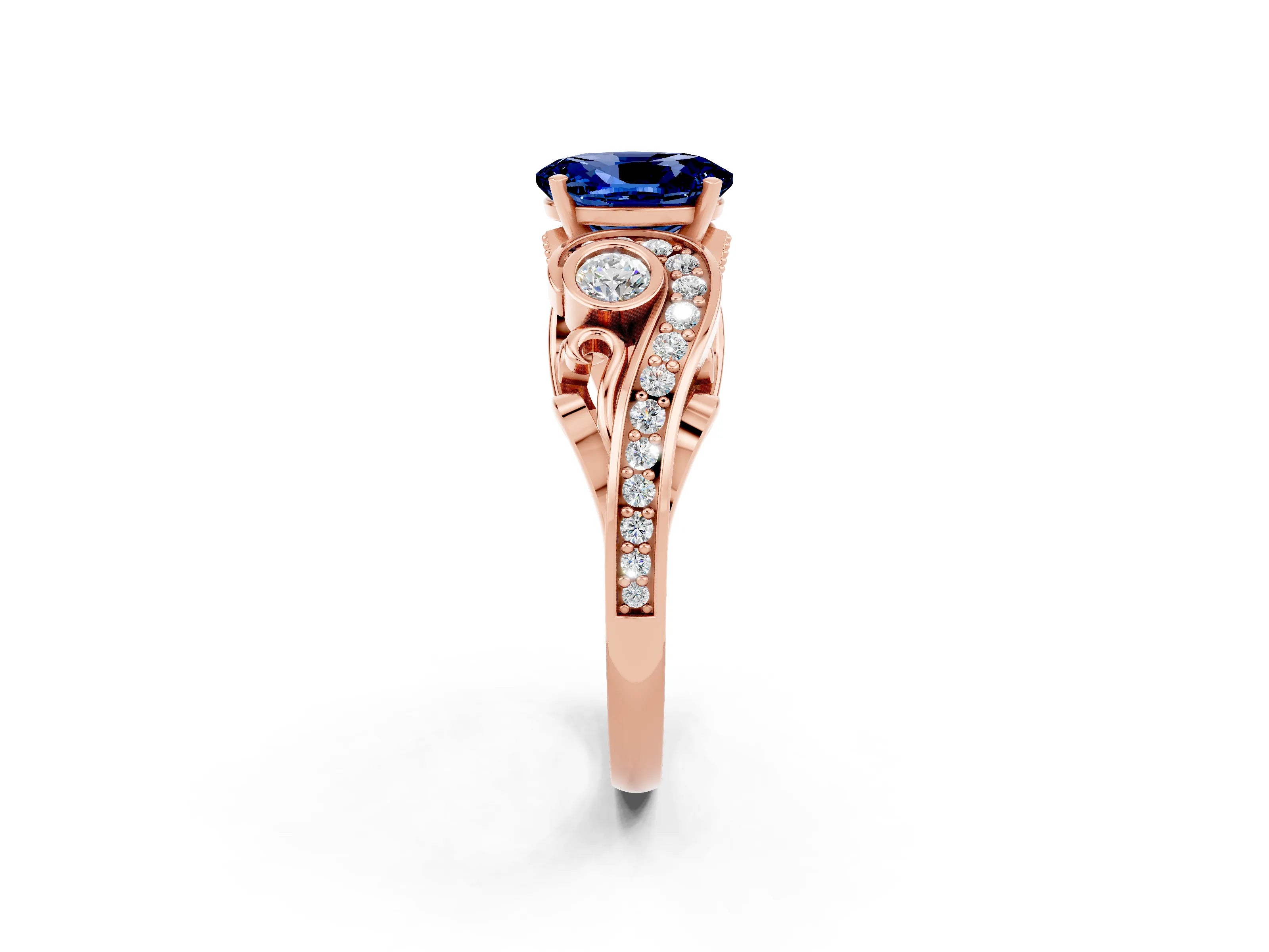 Rose gold Oval Cut Blue Sapphire Solitaire Ring with Milgrain Pavé Band and Four-Prong Setting_26