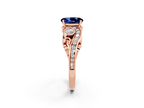 Rose gold Oval Cut Blue Sapphire Solitaire Ring with Milgrain Pavé Band and Four-Prong Setting