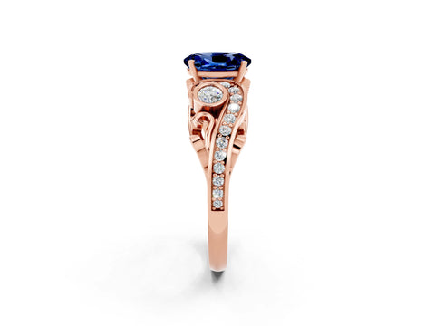 Rose gold Oval Cut Blue Sapphire Solitaire Ring with Milgrain Pavé Band and Four-Prong Setting_26