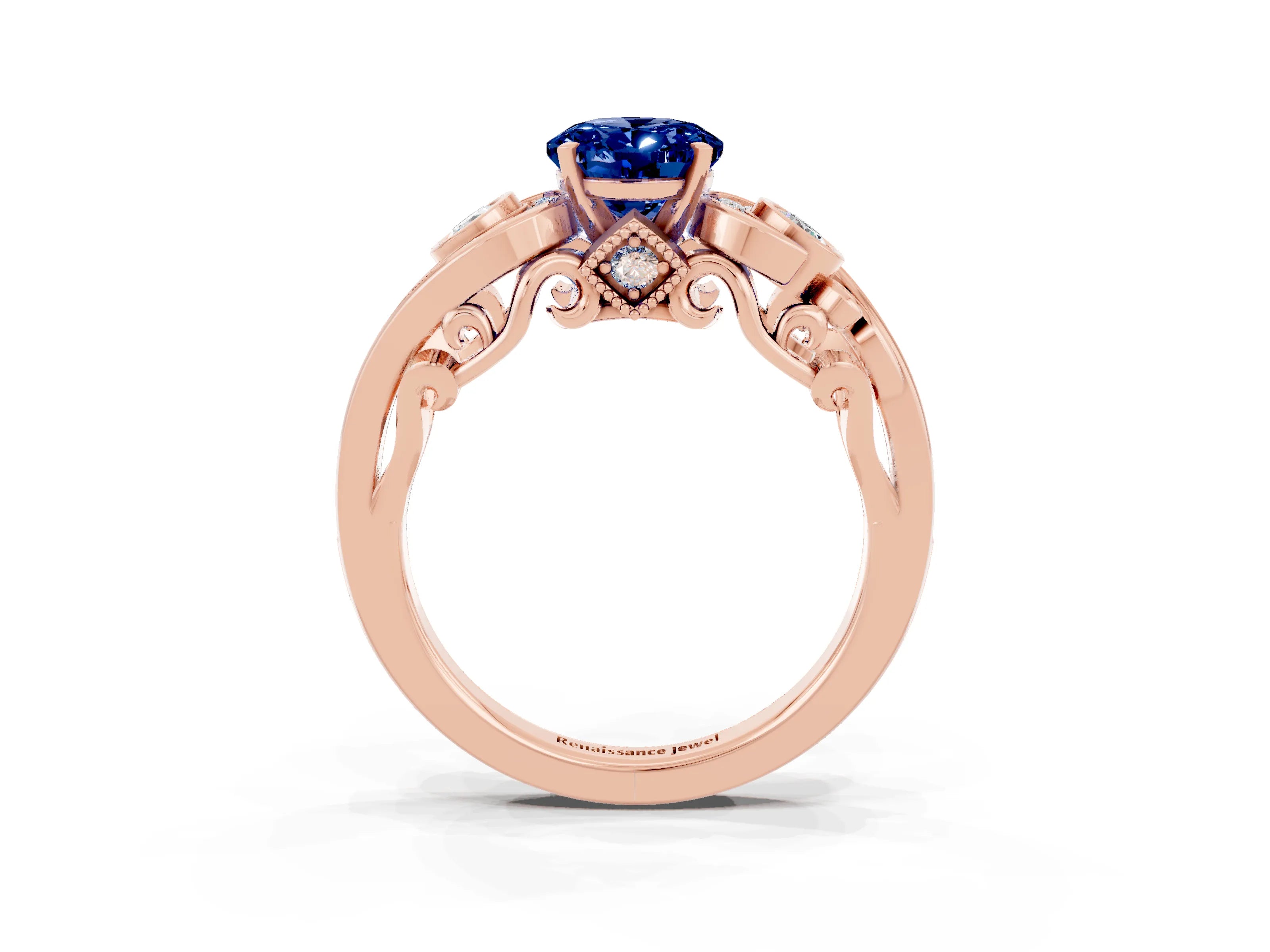 Rose gold Oval Cut Blue Sapphire Solitaire Ring with Milgrain Pavé Band and Four-Prong Setting_27