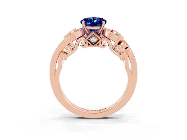 Rose gold Oval Cut Blue Sapphire Solitaire Ring with Milgrain Pavé Band and Four-Prong Setting