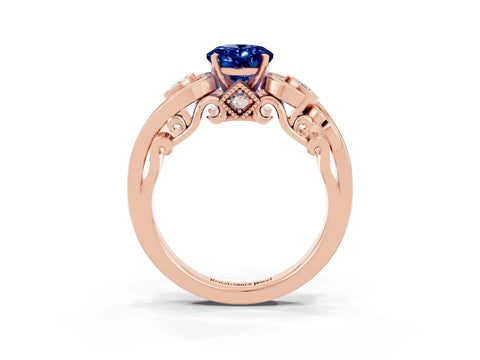 Rose gold Oval Cut Blue Sapphire Solitaire Ring with Milgrain Pavé Band and Four-Prong Setting_27