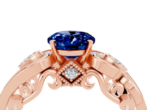 Rose gold Oval Cut Blue Sapphire Solitaire Ring with Milgrain Pavé Band and Four-Prong Setting_28
