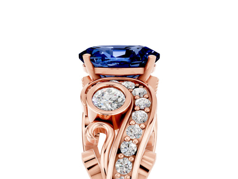 Rose gold Oval Cut Blue Sapphire Solitaire Ring with Milgrain Pavé Band and Four-Prong Setting_29