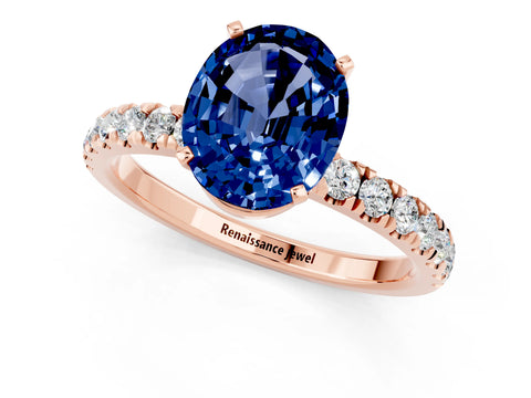 Rose gold Oval Cut Blue Sapphire Solitaire Ring with Pavé Accents and Four-Prong Setting_1