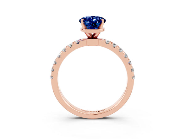 Rose gold Oval Cut Blue Sapphire Solitaire Ring with Pavé Accents and Four-Prong Setting