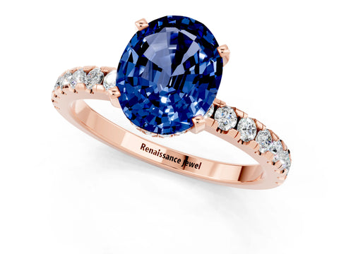 Rose gold Oval Cut Blue Sapphire Solitaire Ring with Pavé Band and Four-Prong Setting_25