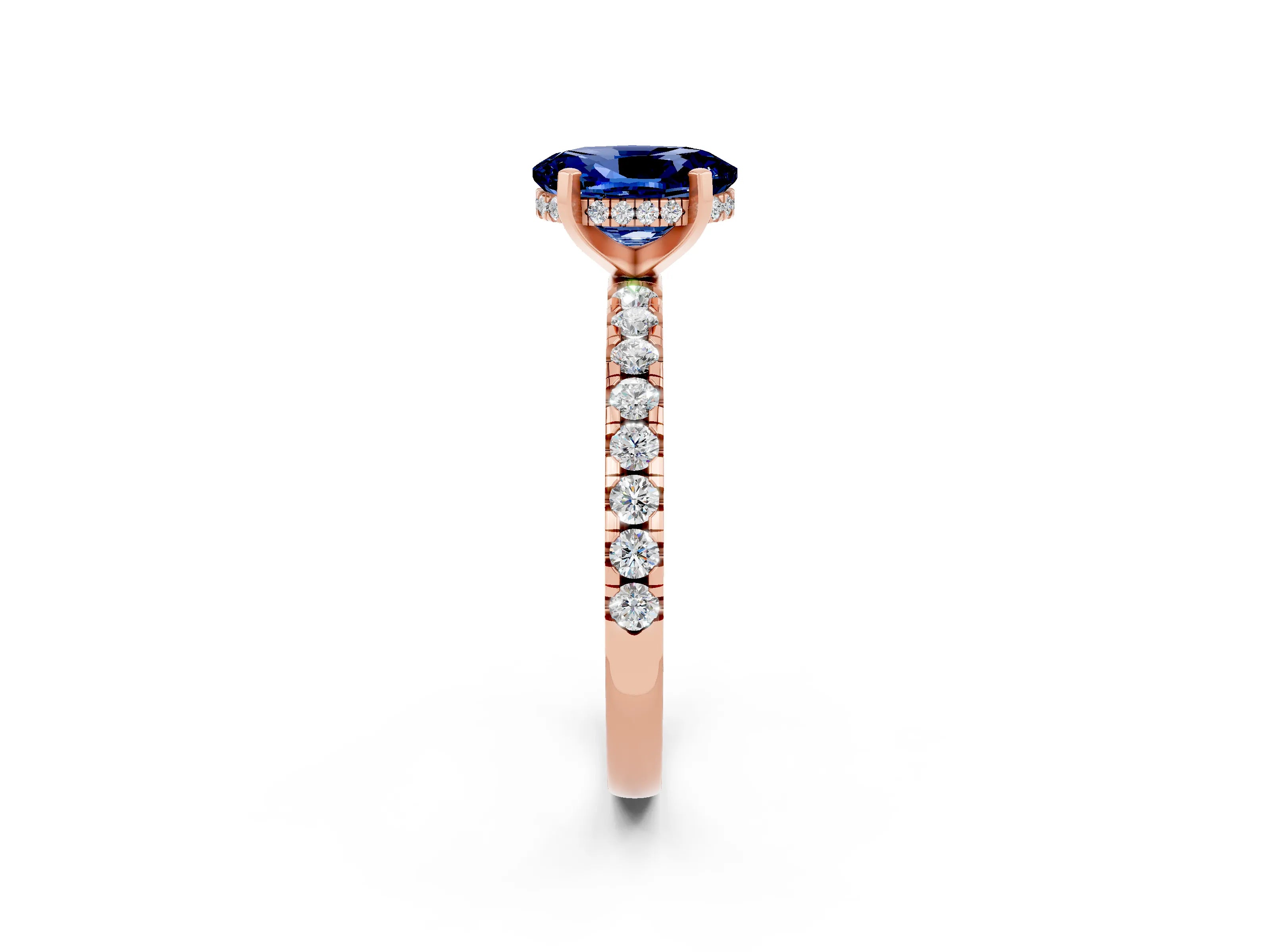 Rose gold Oval Cut Blue Sapphire Solitaire Ring with Pavé Band and Four-Prong Setting_26