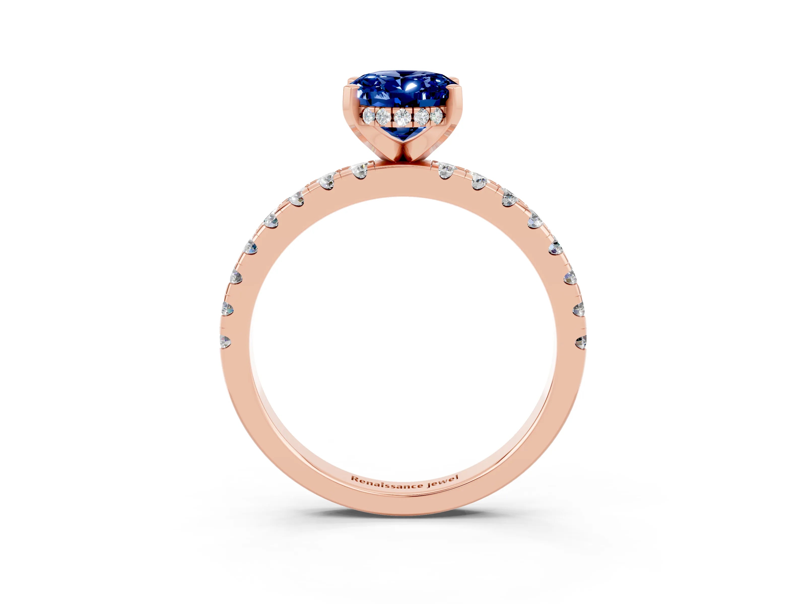 Rose gold Oval Cut Blue Sapphire Solitaire Ring with Pavé Band and Four-Prong Setting_27