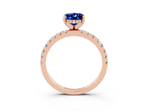 Rose gold Oval Cut Blue Sapphire Solitaire Ring with Pavé Band and Four-Prong Setting_27