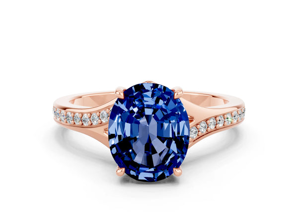 Rose gold Oval Cut Blue Sapphire Solitaire Ring with Pavé Band and Prong Setting