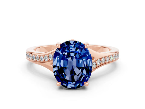 Rose gold Oval Cut Blue Sapphire Solitaire Ring with Pavé Band and Prong Setting_13
