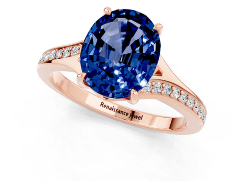 Rose gold Oval Cut Blue Sapphire Solitaire Ring with Pavé Band and Prong Setting_14