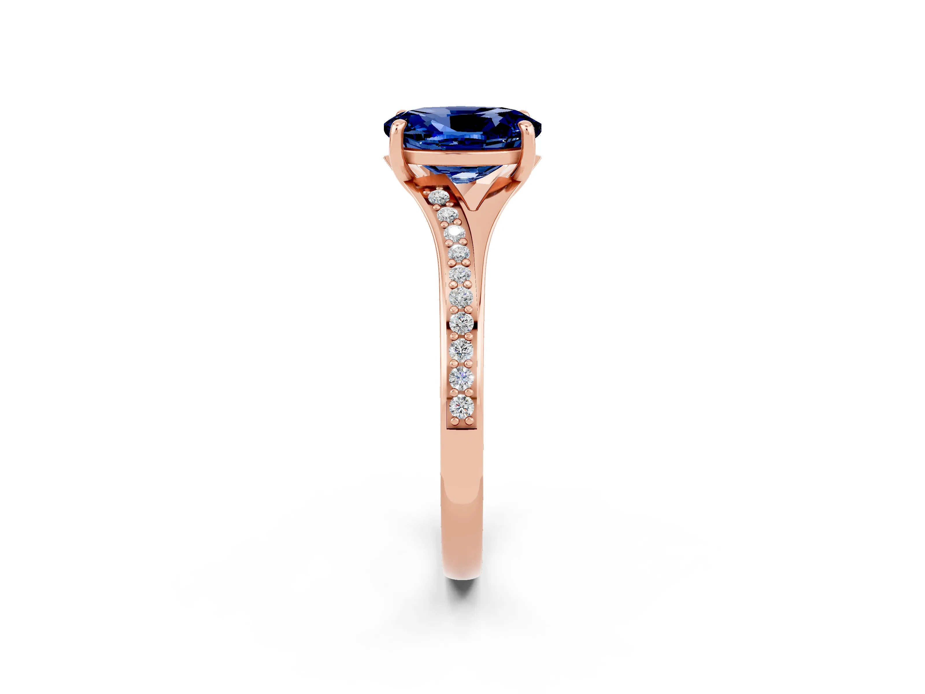 Rose gold Oval Cut Blue Sapphire Solitaire Ring with Pavé Band and Prong Setting_15