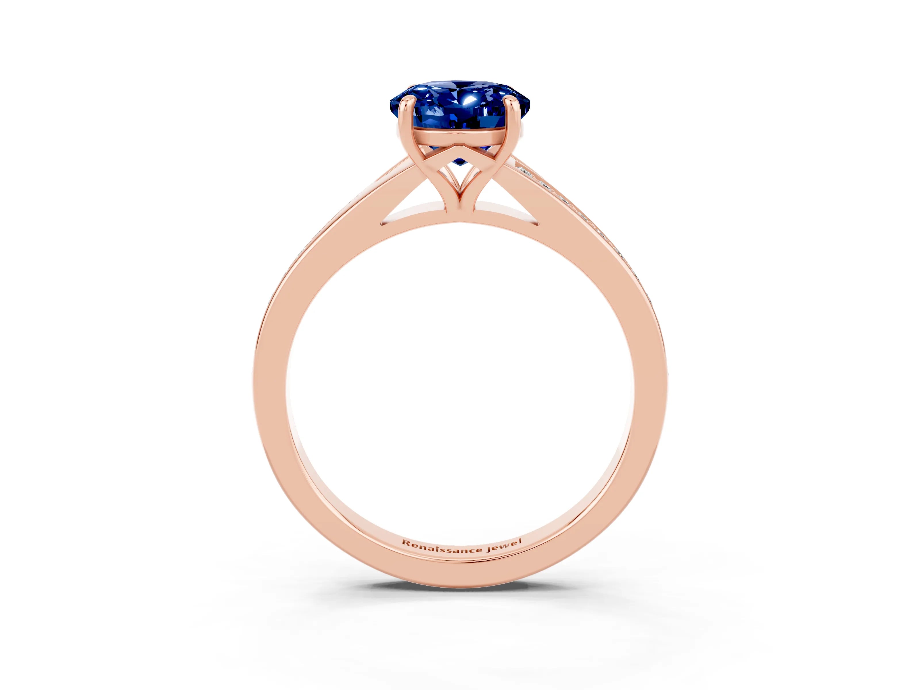 Rose gold Oval Cut Blue Sapphire Solitaire Ring with Pavé Band and Prong Setting_16