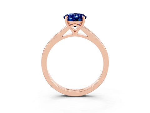 Rose gold Oval Cut Blue Sapphire Solitaire Ring with Pavé Band and Prong Setting_16