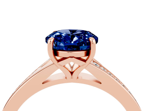 Rose gold Oval Cut Blue Sapphire Solitaire Ring with Pavé Band and Prong Setting_17